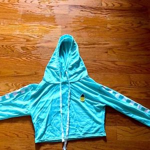 Blue checkered sleeves top with hoodie with pineapple patch